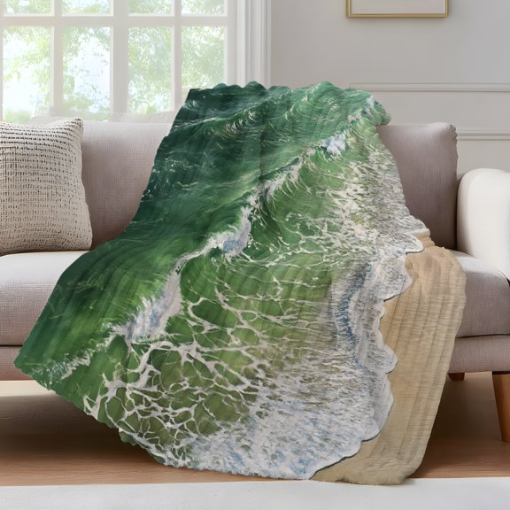 Watercolor Beach Waves Throw Blanket for Couch Abstract Green Ocean Soft and Warm Flannel 3D Striped Fluffy Fuzzy Fleece Blanket Lightweight Throw for Bed, Sofa 30 x 40 Inches