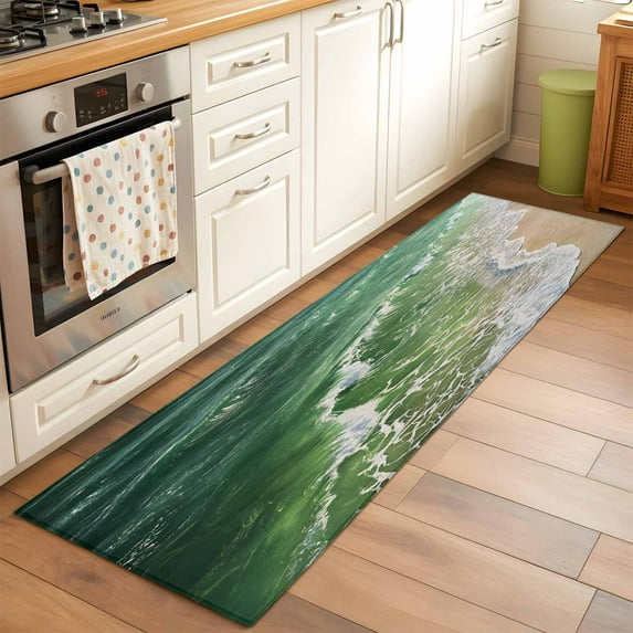 Watercolor Beach Waves Washable Area Rug 2x6 Abstract Green Ocean Low-Profile Area Rugs with Non Slip Backing Indoor Floor Carpet for Entrance Living Room Bedroom Home Office