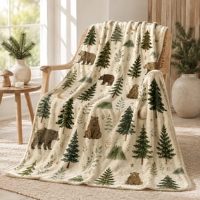 Watercolor Bear Blanket with Pine Trees, Mountains and Moon, Woodland Flannel Throw in Sage and Beige for Couch Bed and Reading Nook Accents, 30 x 40 in