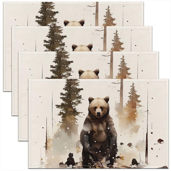 Watercolor Bear Placemats Set of 4 Cute Bear Table Mats Rustic Cabin Country Place Mat for Kitchen Dining Table Party Decor Indoor Outdoor 18"x12" Non-Slip Easy to Clean Wild Animal
