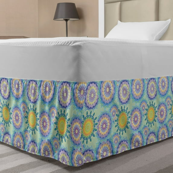 Watercolor Bed Skirt, Repetitive Psychedelic Style Dreamy Motifs Free Soul Ornament Print, Elastic Bedskirt Dust Ruffle Wrap Around for Bedding Decor, 4 Sizes, Pale Green Multicolor, by Ambesonne