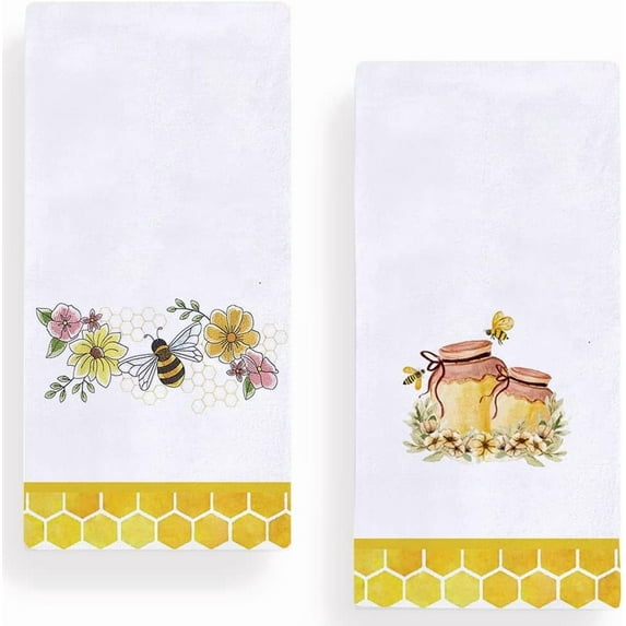 Watercolor Bee Flowers Kitchen Dish Towel 18 x 26 Inch, Honey Jar Summer Towels Dish Cloth for Cooking Baking Set of 2