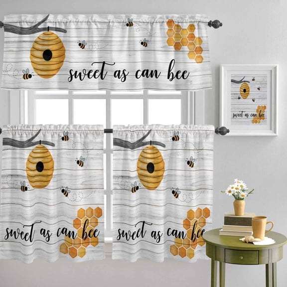 Watercolor Bee Honeycomb Tree Branch Curtain Tier and Valance Set 3 Piece, Farm Wood Grain 3-inch Rod Pocket Window Tier Curtains Valance for Kitchen Living Room