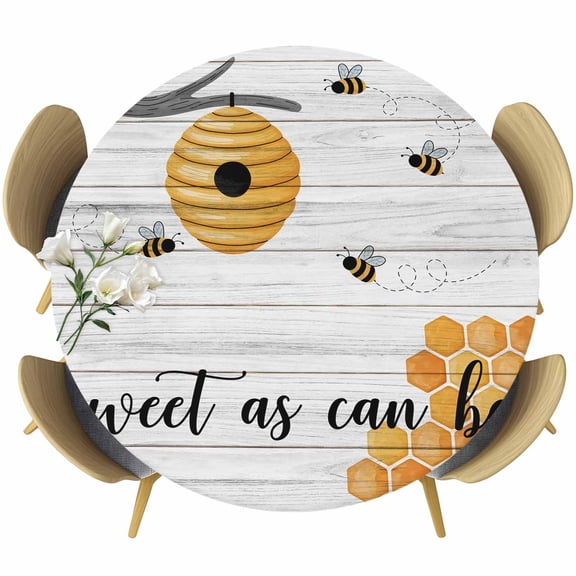 Watercolor Bee Honeycomb Tree Branch Fitted Round Tablecloths Table Covers 55"-60",Waterproof Table Cloth for Kitchen Holiday Party Tables Decor