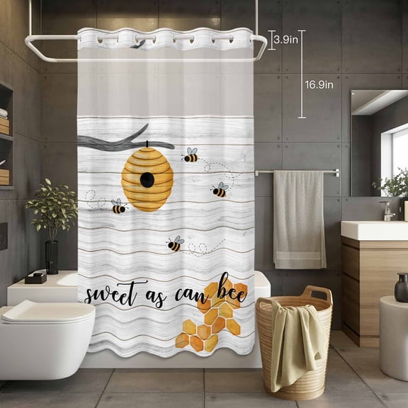Watercolor Bee Honeycomb Tree Branch No Hook Shower Curtain with Snap in Liner Set,Farm Wood Grain Waterproof Fabric Shower Curtains with See Through Top Window for Bathroom,36Wx72L