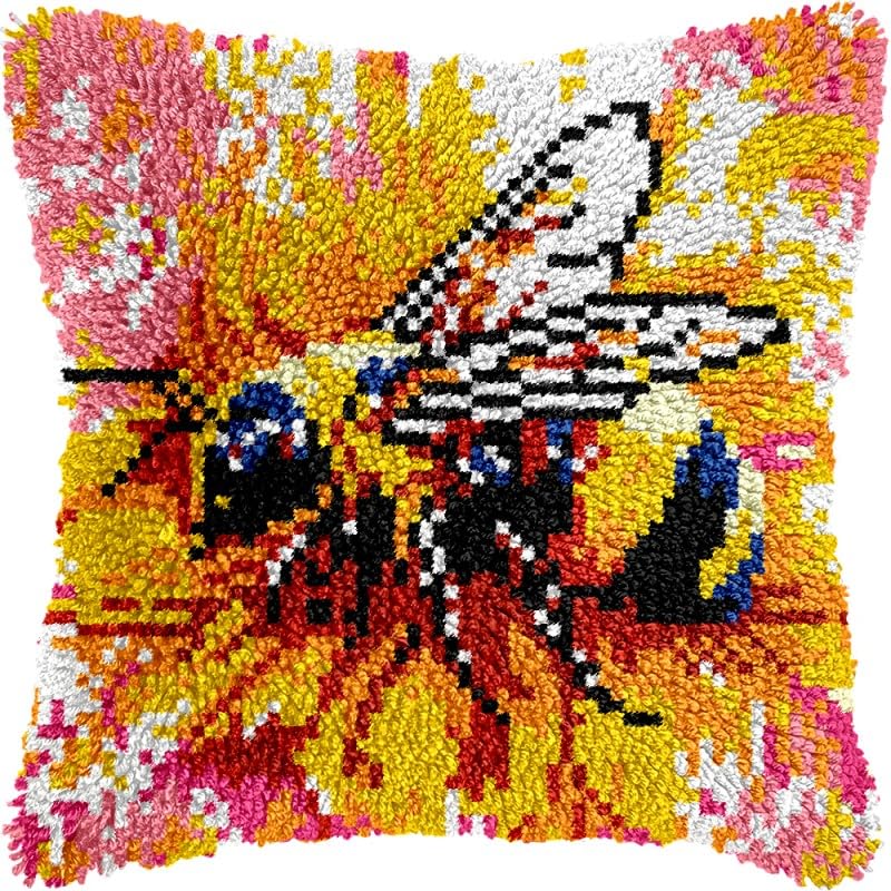 Watercolor Bee Latch Hook Pillow Kits Pillow Cover Pattern Printed Canvas Crochet Knitted Hooking Pillowcase Cushion Crafts Embroidery Latch Hooking Crochet Kits Set 17x17 inch(83)