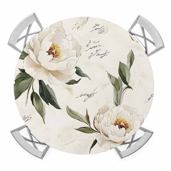Watercolor Beige Flowers Leaf Elastic Fitted Round Table Cover Retro Plant Waterproof Outdoor Tablecloth for Holiday Party, Picnic, Patio & Dining Fits Tables Up to 45"-54"