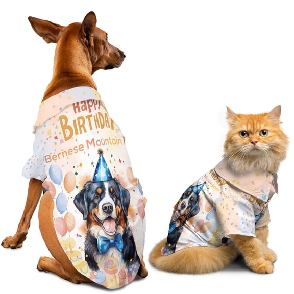 Watercolor Bernese Mountain Dog Happy Birthday Celebration Balloons Gift Party Hawaiian Summer Shirt for Small Medium Large Dog Cat Berner Lover Gifts - 00028