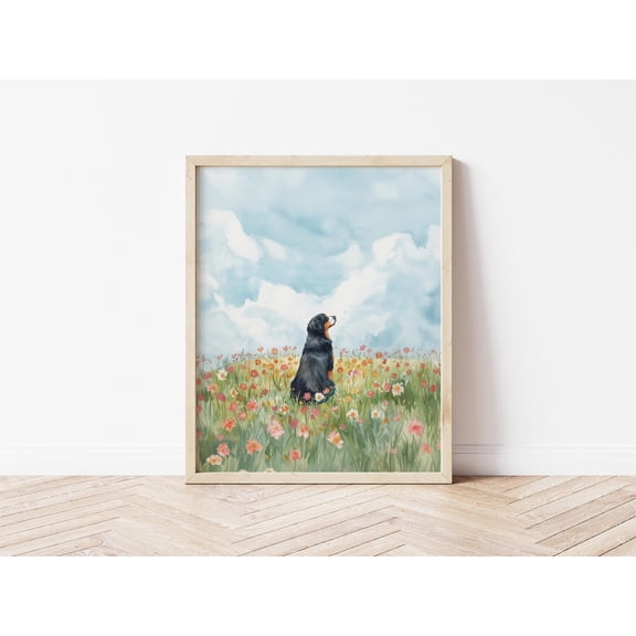 Watercolor Bernese Mountain Dog In Flower Field Wall Art Dog Wildflower Wall Art Animal Nature Poster Berner Decor Berner Mom Gift, Poster Only