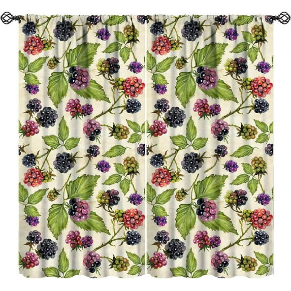Watercolor Berry Curtains, Farmhouse Vintage Autumn Harvest Blackberries Fruit Leaves Blackout Window Treatments for Kitchen Cafe Bedroom, 84" W X 84" L
