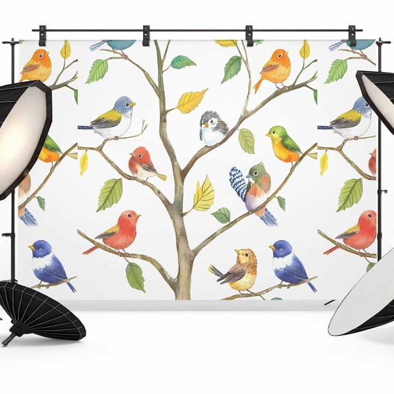 Watercolor Bird Backdrop for Photoshoot,Photography Photo Studio Background Wall Backdrop,Modern Spring Branch Colorful Leaf Back Drop Banner Panel for Portraits Wedding Party Live Streaming 12x8Ft