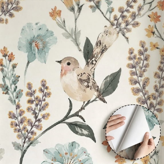 Watercolor Bird Floral Wallpaper, Boho Farmhouse Rustic peel and stick wallpaper, waterproof, Home Decor for Bedroom, Living Room, Bathroom, Kitchen Cabinet, Dorm Room, 17.7 * 118 in