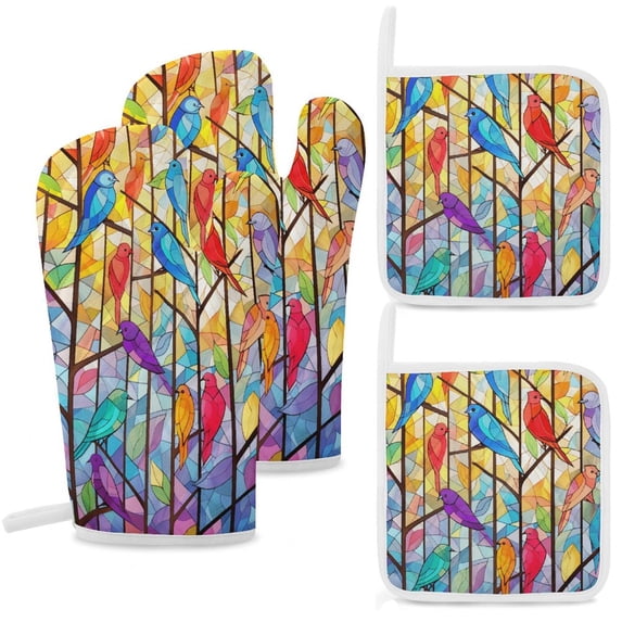 Watercolor Bird Insulated Gloves And Pot Mats (four Piece Set)