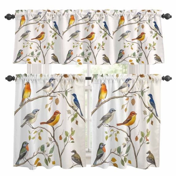 Watercolor Bird Kitchen Curtains Sets for Windows 36 Inch Length, Spring Multicolored Leaf Plant Branch Rod Pocket Window Treatments Tier Curtains and Valances Set for Bedroom/Bathroom