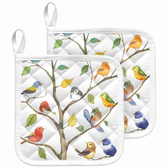 Watercolor Bird Pot Holders for Kitchen Heatproof Potholder, 2 Pack Modern Spring Branch Colorful Leaf Hot Pads Multipurpose Oven Pads Cloth Potholders Trivet for Cooking and Baking