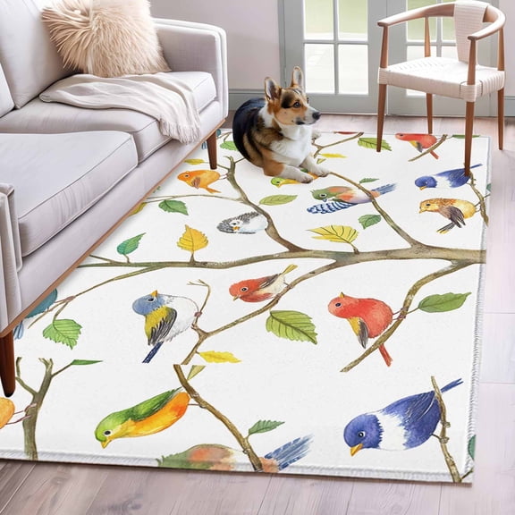 Watercolor Bird Runner Rug 2.7x5 FT, Non Slip Entryway Carpet, Modern Spring Branch Colorful Leaf Washable Soft Floor Carpet Entrance Mat Non-Shedding Throw Rug for Hallway Laundry Room Bedside