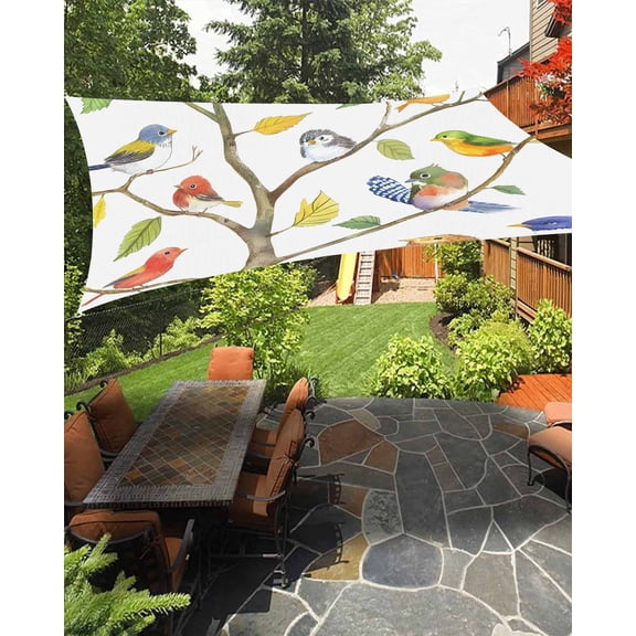 Watercolor Bird Sun Sail Shades Rectangle Canopy,Sunlight Block Heavy Duty Curved Backyard Shade Cover,Modern Spring Branch Colorful Leaf Waterproof Sun Shades for Patios Garden Pergola 6.5'x10'