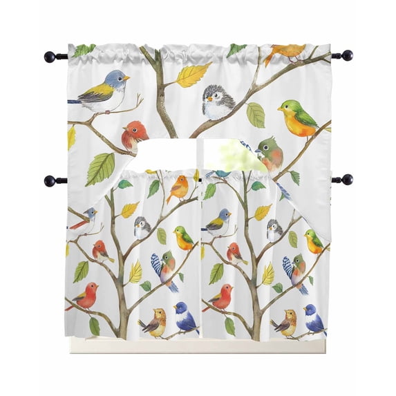 Watercolor Bird Swag Kitchen Curtains Sets for Windows 24 Inch Length, Modern Spring Branch Colorful Leaf Short Window Curtain Panels Swags Valances and Tiers 3 Piece Set for Cafe/Dining Room