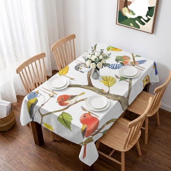 Watercolor Bird Table Cloth Waterproof Tablecloths, Modern Spring Branch Colorful Leaf Tablecloth Dining Table Cover for Kitchen Party Tabletop Outdoor, Rectangle Tablecloth 60x84 Inch