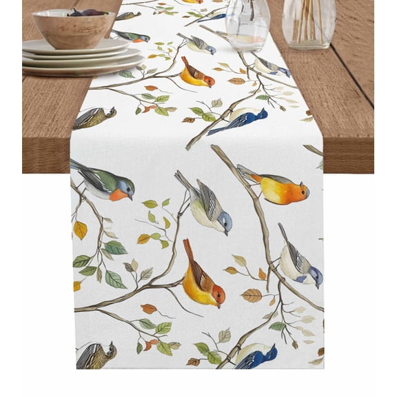 Watercolor Bird Table Runner 36 Inches, Spring Multicolored Leaf Plant Branch Bed Runner Dresser Scarves Tabletop for Indoor Outdoor Parties/Ceremony/Banquet, 13"x 36"