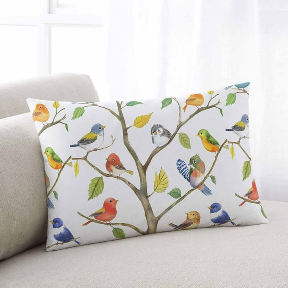Watercolor Bird Throw Pillow Covers, Modern Spring Branch Colorful Leaf Soft Breathable Pillow Cases with Invisible Zipper for Sleeping, Toddler Pillowcases for Couch Bed Sofa Chair 12x20 Inches