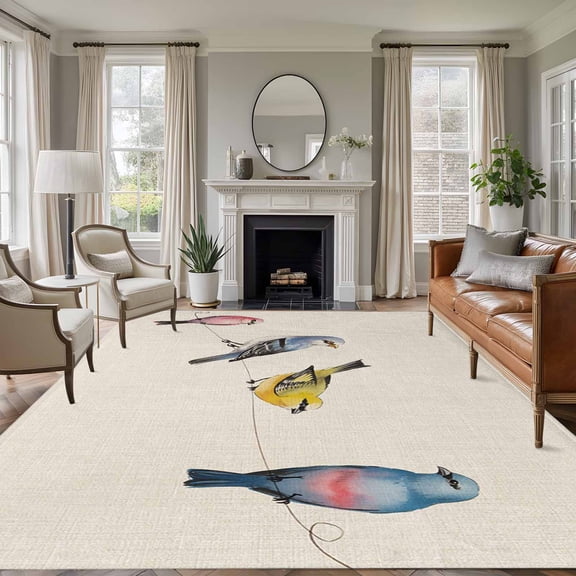 Watercolor Birds 6'x9' Area Rug for Living Room, Spring Animal Country Beige Washable Non-Slip Floor Mat Rugs for Bedroom Dining Room, Indoor Large Carpet for Classroom, Nursery Rugs for Playroom