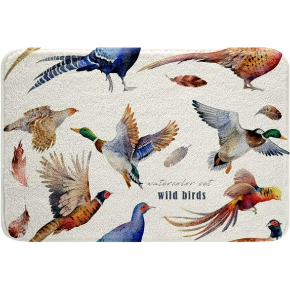 Watercolor Birds Bath Mat for Boys Girls Wild Birds Hunting Theme Door Mat Pheasants Ducks Quail Print Bathroom Rugs for Teens Hand Drawn Style Entryway White 18x30 Inch