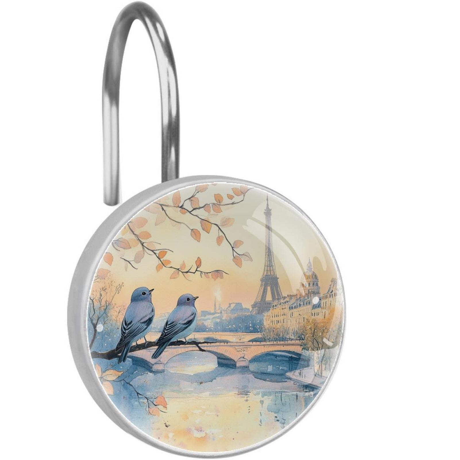 Watercolor Birds Eiffer Tower Landscape Shower Curtain Hooks Round Crystal Glass, Set of 12 Shower Curtain Rings - Shower Hooks for Curtain Shower Rings