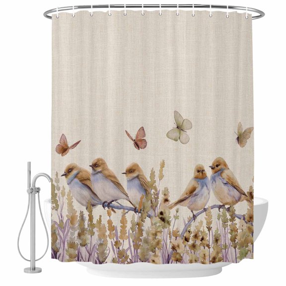 Watercolor Birds Fabric Shower Curtain Brown Butterfly Lavender Washable Shower Curtains for Bathroom, Waterproof Bath Curtain with Hooks Home Decor 36x72in