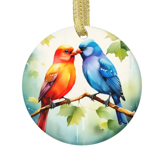 Watercolor Birds Kissing Beautiful Love Print Design Bird on Tree Branches Novelty Ceramic Christmas Ornament Xmas Holiday Tree Gift