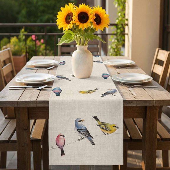 Watercolor Birds on Line Table Runner 36 Inches Long,Kitchen Dining Tablerunners Vintage Country Animal Linen Table Runners Dresser Scarves for Home Dinner Wedding Holiday Party Decor