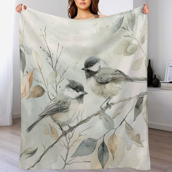 Watercolor Birds Perched on The Branches Flannel Blanket for Bed 60"x80" Vintage Animal Watercolor Print Soft Cozy Flannel Fleece Throw Blanket for Couch Bed Throw Blanket for Adults And Kids