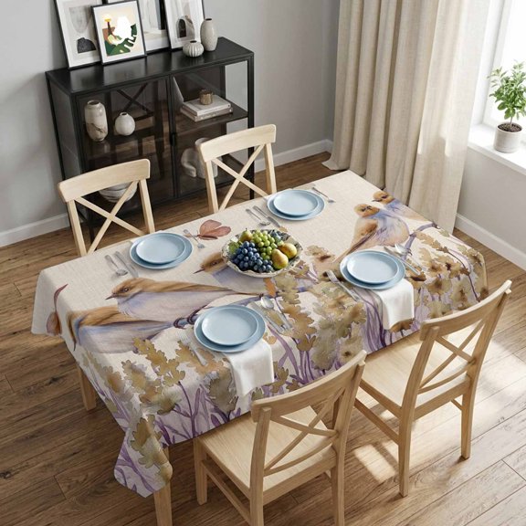 Watercolor Birds Rectangle Tablecloth 52x70 Inch Brown Butterfly Lavender Waterproof Polyester Tablecloth for Dining Table, Washable Table Cover for Kitchen Dining Room Decoration,Stain Resistant