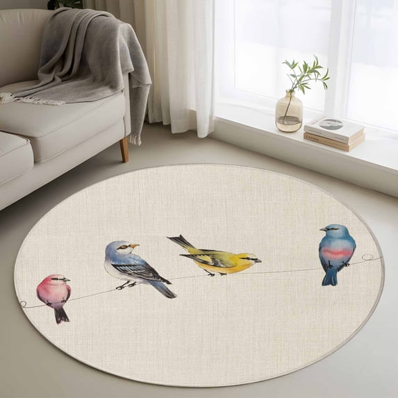 Watercolor Birds Round Area Rug 4Ft Washable Circle Rugs for Bedroom Dining Room, Spring Animal Country Beige Non-Slip Carpet Floor Mats Indoor Outdoor Carpet Runner Aesthetic Home Decor
