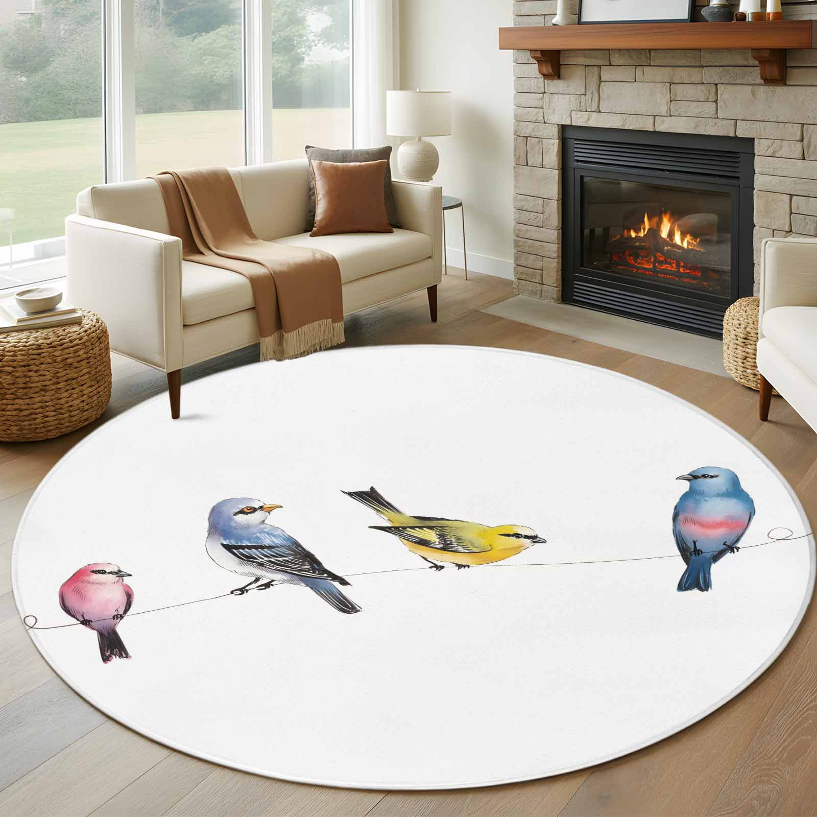 Watercolor Birds Round Area Rug 6Ft Washable Circle Rugs for Bathroom Office, Spring Animal Rustic Non-Slip Carpet Floor Mats Indoor Outdoor Carpet Runner Aesthetic Home Decor