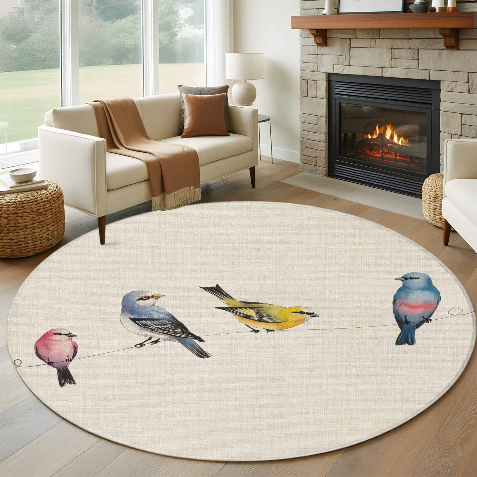 Watercolor Birds Round Area Rug 7Ft Washable Circle Rugs for Dorm Laundry Room, Spring Animal Country Beige Non-Slip Carpet Floor Mats Indoor Outdoor Carpet Runner Aesthetic Home Decor