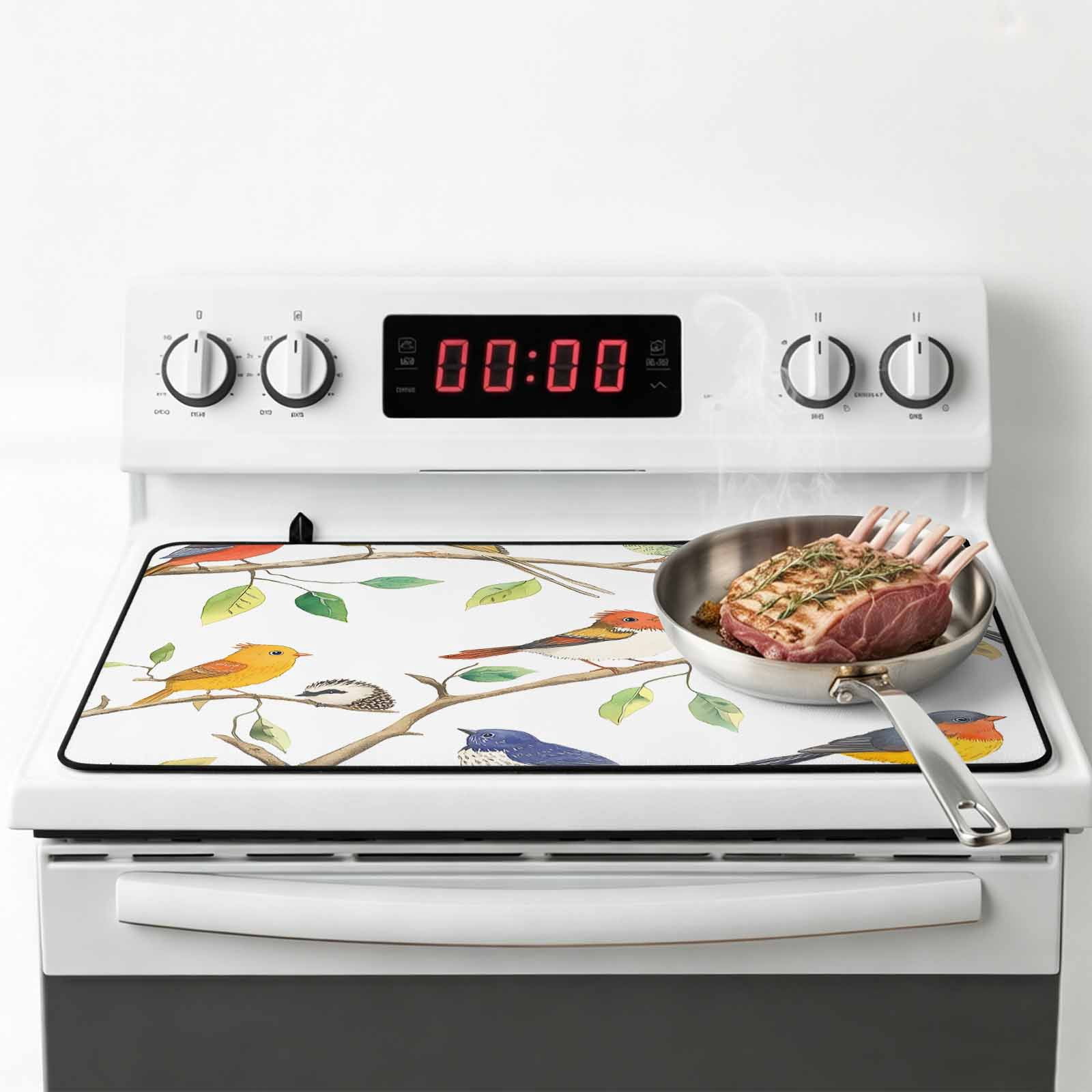 Watercolor Birds Stove Top Cover for Electric Stove, Heat-proof & Non Slip Glass Top Stove Cover Protector, Spring Botanical Leaf Branch Modern Kitchen Flat Cooktop Rubber Mat 24x21 Inches