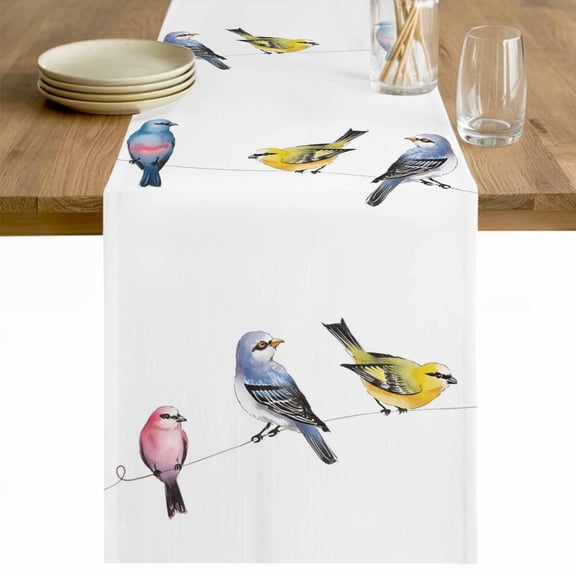 Watercolor Birds Table Runner - 48 Inch Long Spring Animal Rustic Cotton and Linen Blended Dress Scarves Farmhouse Table Runner for Kitchen Dining, Coffee Table, 13" x 48"