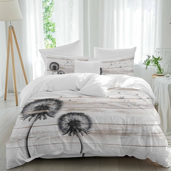 Watercolor Black Dandelions Queen Size Bed Set,Retro Rustic Wood Board Bedding for All Seasons,4 Pcs Bed Set,1 Quiltcover (90"x92"),1 Sheet(94"x116"),2 Pillowcases (30"x20")