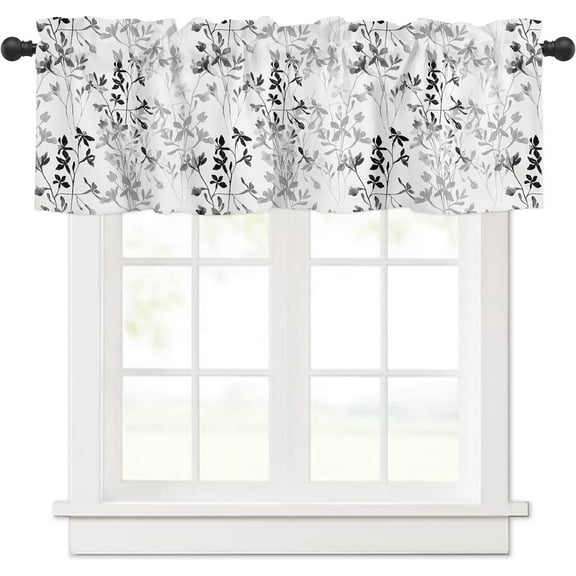 Watercolor Black White Grey Leaf Kitchen Curtains Valances for Windows Spring Summer Flowers Rod Pocket Valance Window Treatments 1 Panel Short Curtain 54x18 Inch for Bathroom Living Room Decor
