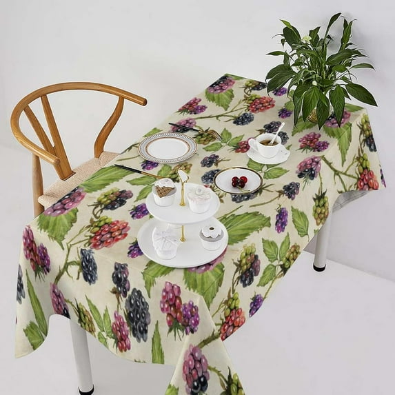 Watercolor Blackberries Tablecloth, Thanksgiving Autumn Harvest Fruit Leaves Print Table Cover for Party Picnic Dinner Decor, Rectangle(60x120in)