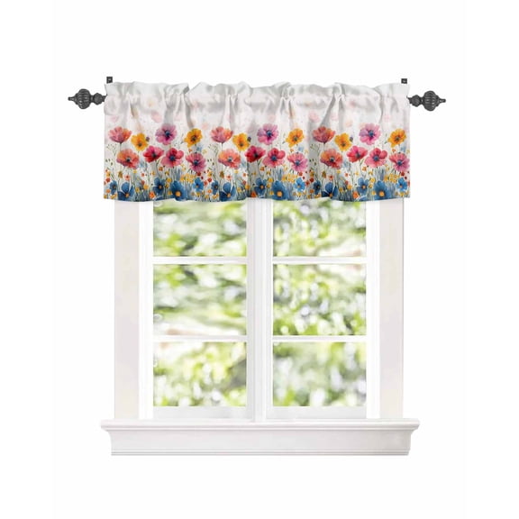 Watercolor Blooming Flower Field Window Valances for Kitchen,Rod Pocket Valance Privacy Small Curtain,Pastoral Red Floral Plant Window Treatment Drapes for Bedroom Laundry Room Farmhouse 42x12in