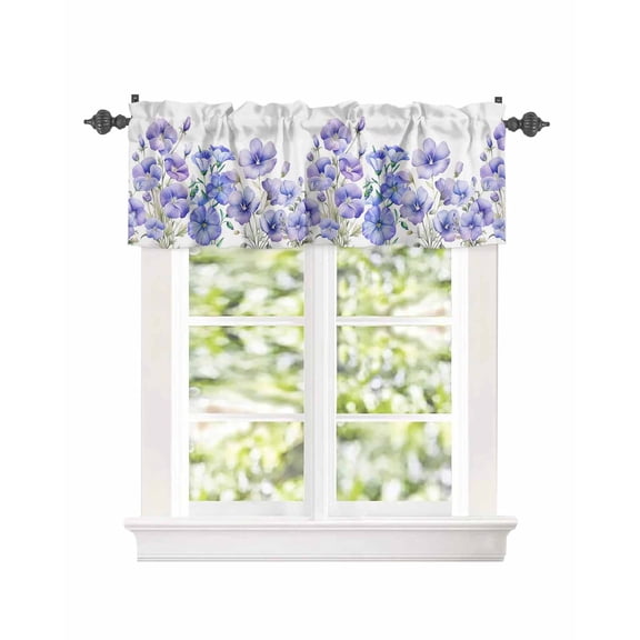 Watercolor Blooming Flowers Field Window Valances for Kitchen,Rod Pocket Valance Privacy Small Curtain,Purple Floral on White Window Treatment Drapes for Bedroom Laundry Room Farmhouse 42x18in