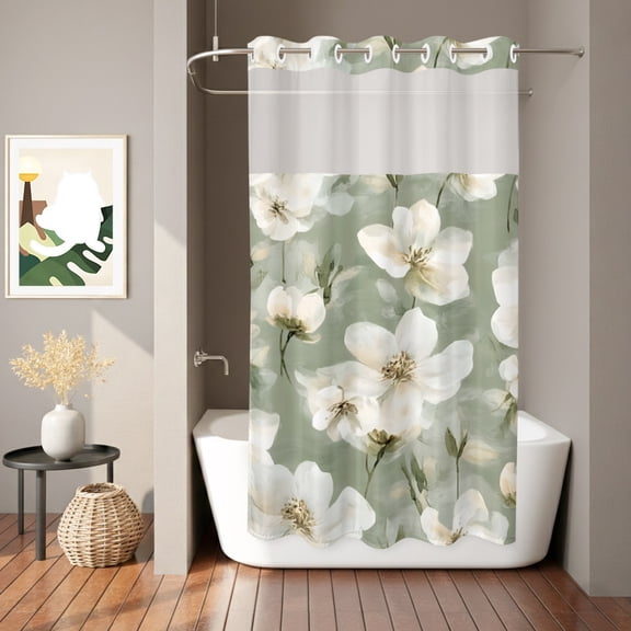 Watercolor Blossom Flower No Hook Shower Curtain with See Through Top Window,Spring Sage Green White Floral Waterproof Shower Curtains for Home Hotel Bathroom Decor,36x72in