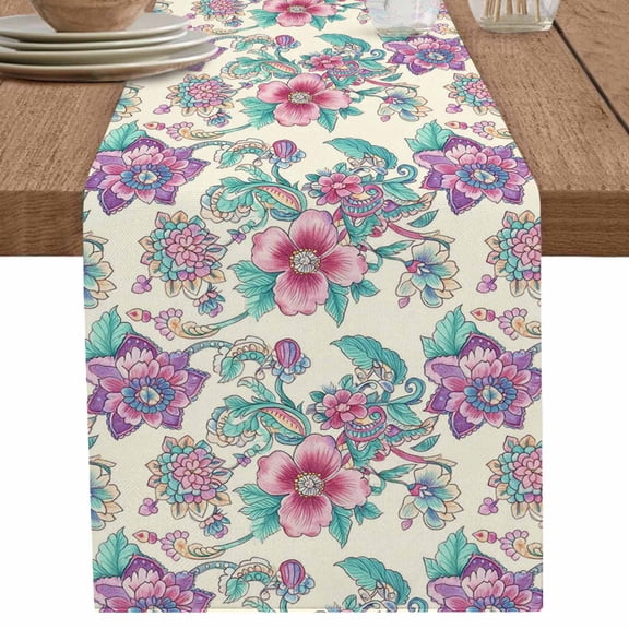 Watercolor Blossom Flower on Retro Table Runner-36 Inch Long Summer Botanical Floral Table Runners Linen Burlap Tablerunner for Kitchen Dining Room Holiday Party