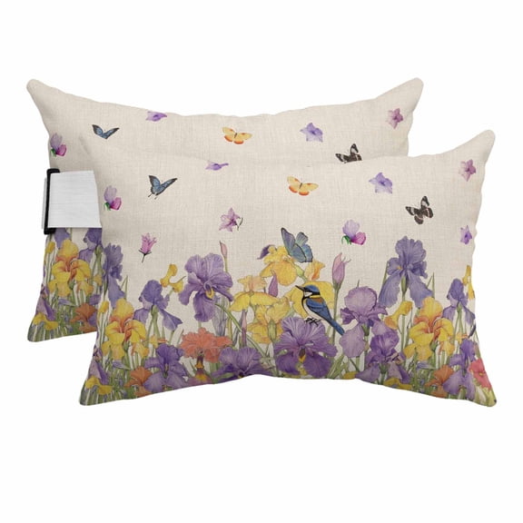 Watercolor Blossom Irises Flower Outdoor Pillow for Chaise Lounge Chair,Head Resting Pillow with Insert, Spring Floral Butterfly on Linen Waterproof Lumbar Pillows for Patio,11"x16" 2 Pack