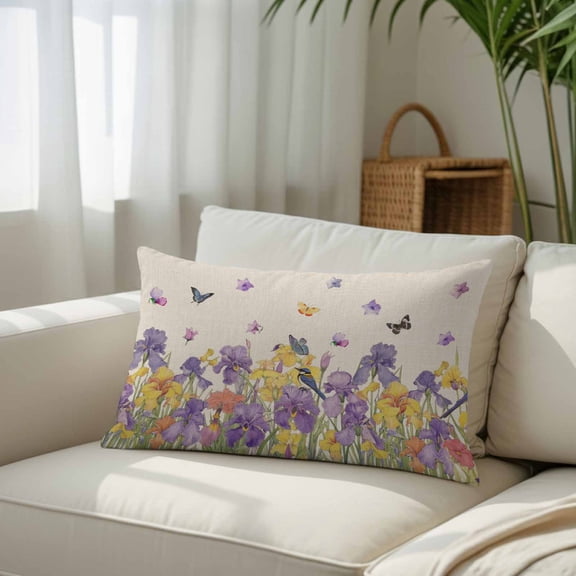 Watercolor Blossom Irises Flower Throw Pillow Covers, Decorative Pillow Covers With Hidden Zipper Soft Brushed Microfiber Fabric, Spring Floral Butterfly on Linen Pillowcases for Couch Bed 12x20in