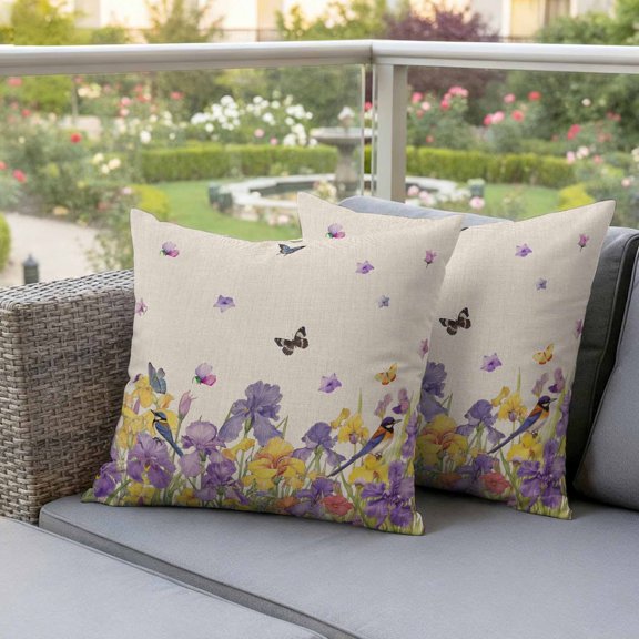 Watercolor Blossom Irises Flower Waterproof Throw Pillow Covers Set of 2 Spring Floral Butterfly on Linen Outdoor Cushion Cover Pillow Protector Decorative Pillowcases for Bed Sofa Couch