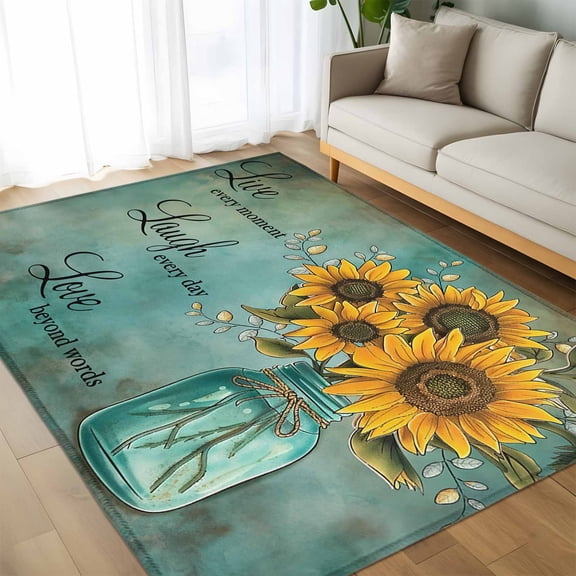 Watercolor Blossom Sunflower Bottle Floor Carpet Living Room Rug, Encouraging Quote on Retro Non-Slip Welcome Mat Indoor Rugs for Bedroom Dining Room