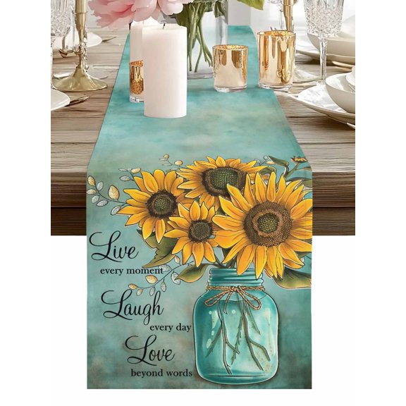 Watercolor Blossom Sunflower Bottle Table Runner-36 Inch Long Encouraging Quote on Retro Table Runners Linen Burlap Tablerunner for Kitchen Dining Room Holiday Party